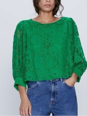 ZARA Green Sheer Floral Lace Blouse | Long Sleeve Top - Size XS